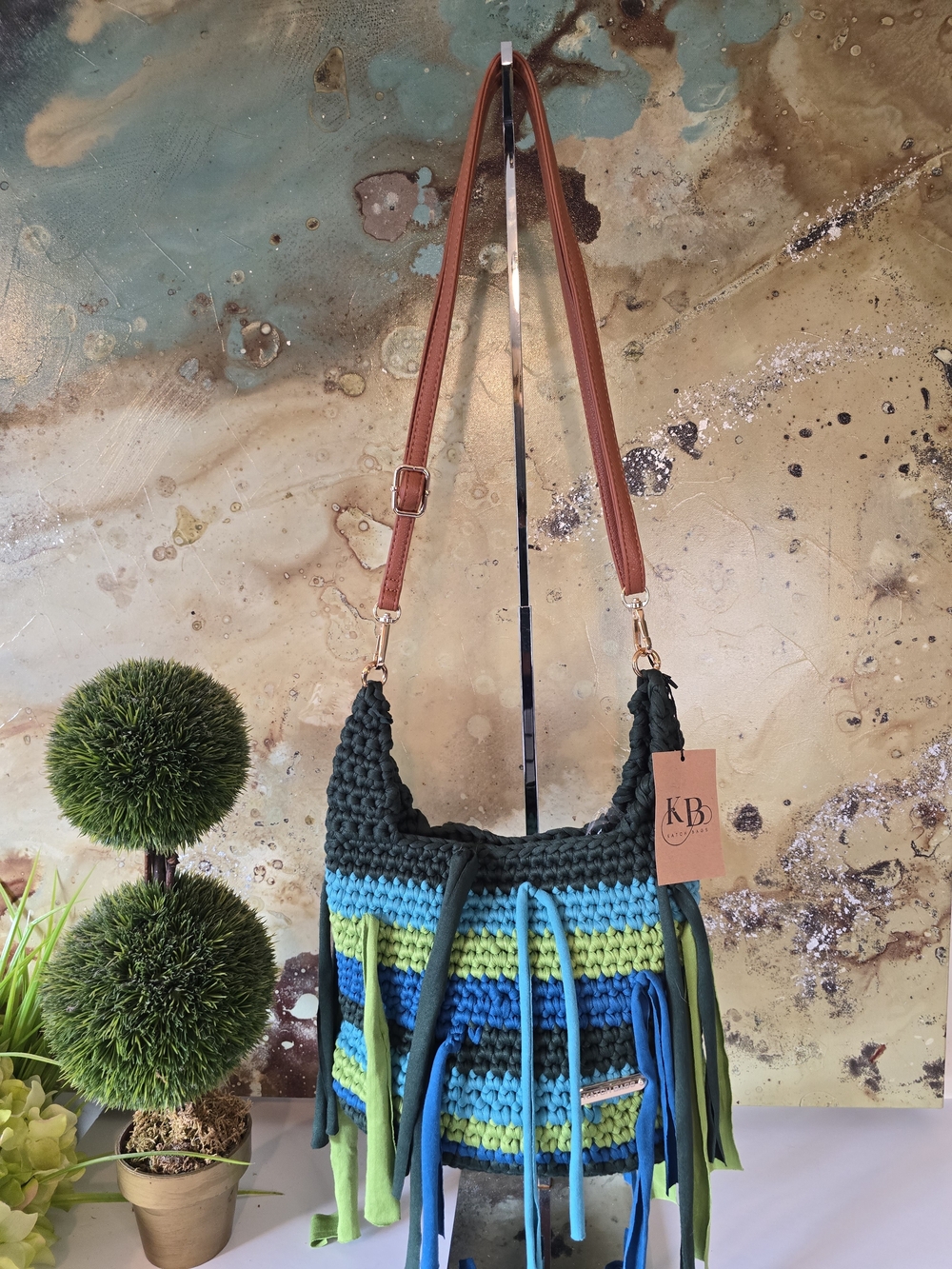 Handcrafted Crochet Fringe Crossbody Bag - Green & Blue
